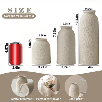 Ceramic Vase Set-3, Small Flower Vases for Decor, Modern Boho Farmhouse Style, Decorative Vases for Pampas Grass & Dried Flowers, Distressed Finish (Beige)