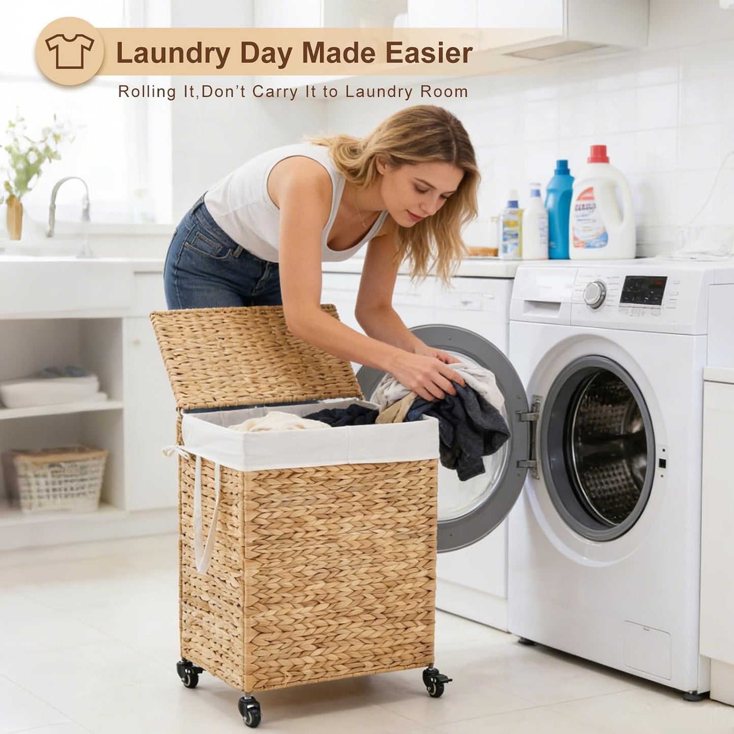 3-Section Laundry Hamper with Lid, Large Capacity Woven Natural Water Hyacinth Laundry Sorter with Removable Liners, Rolling or Non-Slip Design for Bedroom (Natural, 155L)