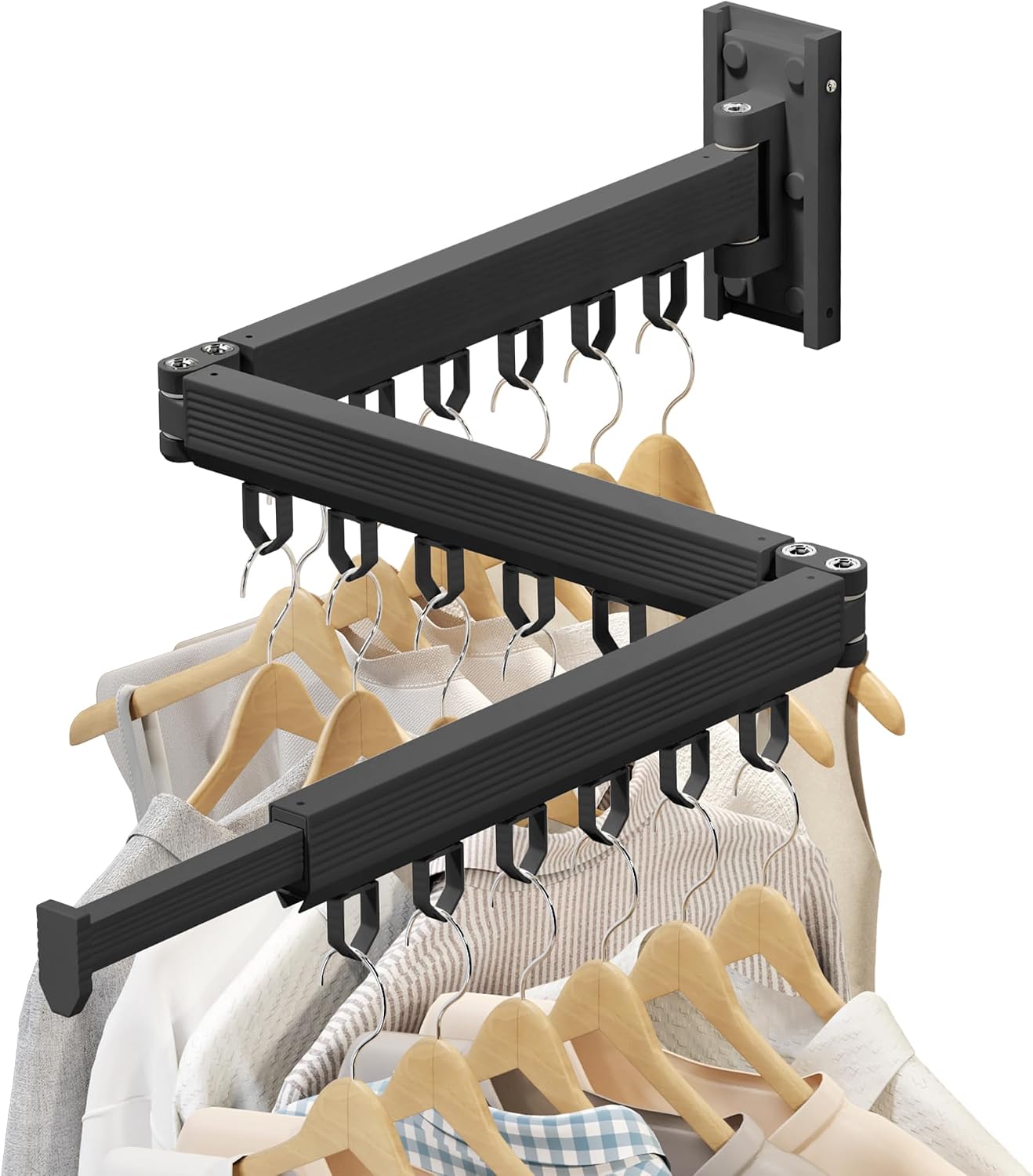 Wall Mounted Tri-Fold Clothes Drying Rack, Heavy Duty Collapsible Laundry Drying Rack, Space-Saving Retractable Foldable Drying Rack Clothes for Laundry Room Balcony Bathroom,Black-Hooks