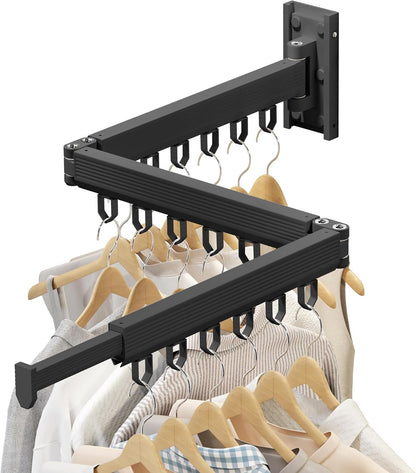 Wall Mounted Tri-Fold Clothes Drying Rack, Heavy Duty Collapsible Laundry Drying Rack, Space-Saving Retractable Foldable Drying Rack Clothes for Laundry Room Balcony Bathroom,Black-Hooks