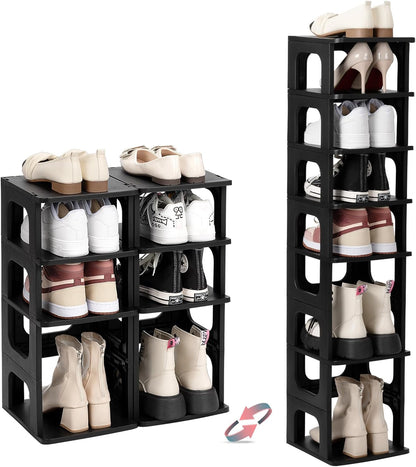 TRZZ 5-Tier Small Shoe Rack, Vertical Narrow Stackable Organizer with Removable Partition, Efficient Shoe Storage for Closet, Entryway, and Small Spaces (Black) | Removable Partition, Vertical Efficient Shoe Storage, for Closet, Entryway, Small Spaces