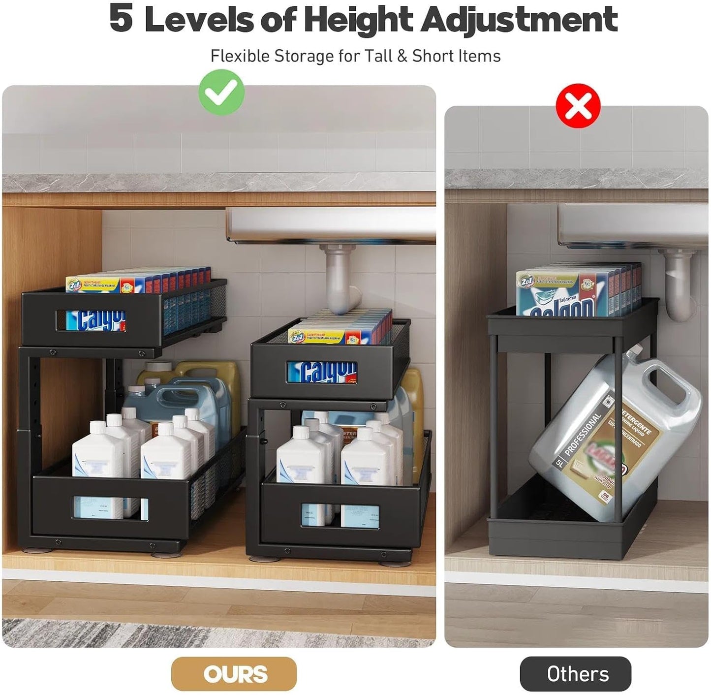 Under Sink Organizer, 2-Tier Dual Pull Out Cabinet Organizer Drawers With Smooth Circular Rail, Large Capacity Metal Mesh Sliding Shelves For Bathroom& Kitchen Storage,Height Adjustable–White,2 Packs