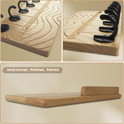 Key Holder Wall Decor-11.8" Solid Ash Wood Entryway Organizer with 6 Hooks & Extra Deep Storage Rack for Key, Mail, Wallet, Leash, Glasses, Hand-Polished & Stained, Easy-Assembly