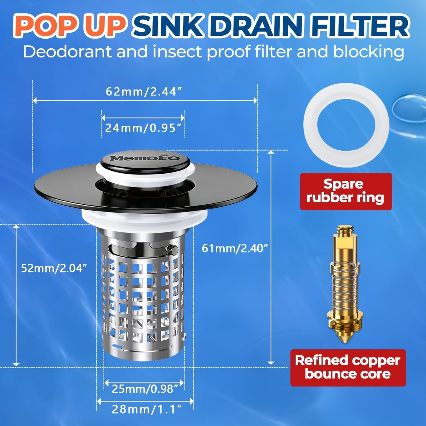 Bathroom Sink Drain Strainer(2PCS), Stainless Steel Pop-up Strainer Basket Hair Catcher with Removable Basket, Brass Bullet Core, Universal Fit 1.1-2.36 Inch
