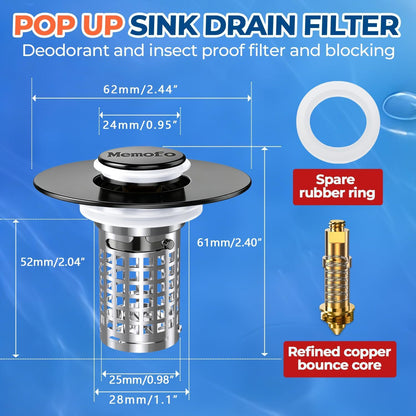 Bathroom Sink Drain Strainer(2PCS), Stainless Steel Pop-up Strainer Basket Hair Catcher with Removable Basket, Brass Bullet Core, Universal Fit 1.1-2.36 Inch