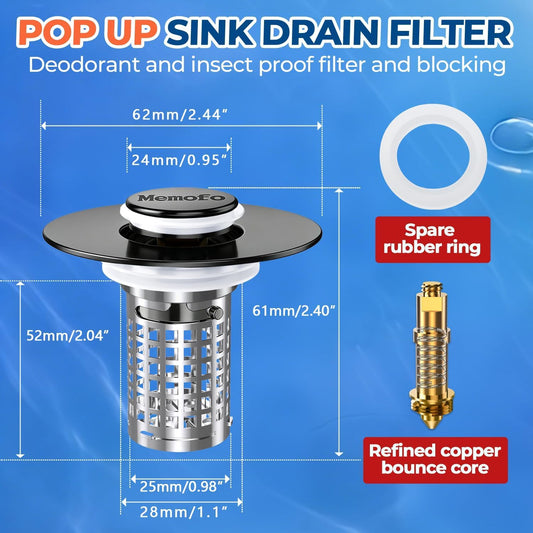 Bathroom Sink Drain Strainer(2PCS), Stainless Steel Pop-up Strainer Basket Hair Catcher with Removable Basket, Brass Bullet Core, Universal Fit 1.1-2.36 Inch