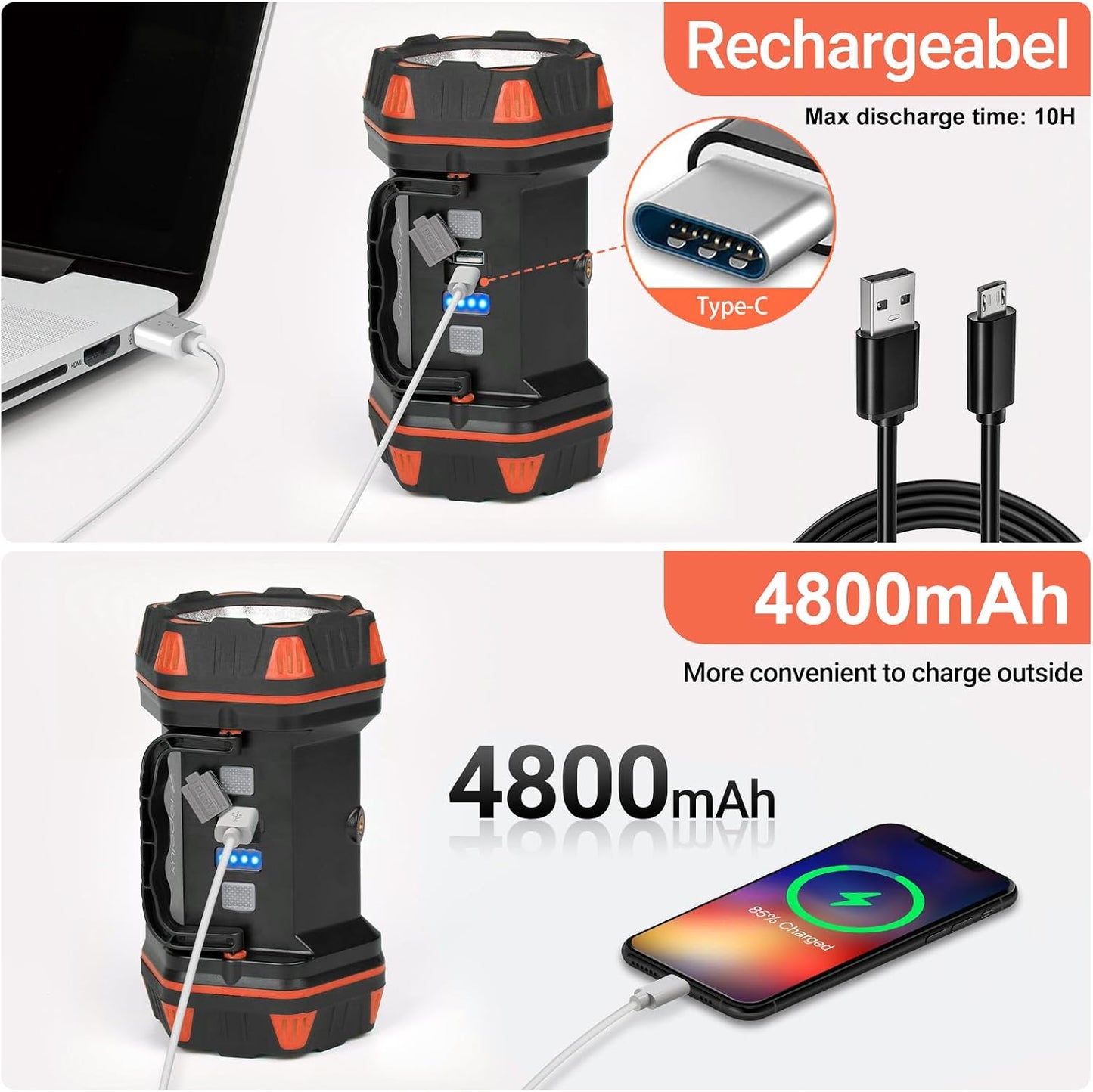 Led Camping Lantern Rechargeable, Camping Flashlight 1500LM, 8 Light Modes, Camping Lights 4800 Capacity, Portable Bright Flash Light for Emergencies, Power Outages, Hurricane, Hiking (Blue 1PACK).