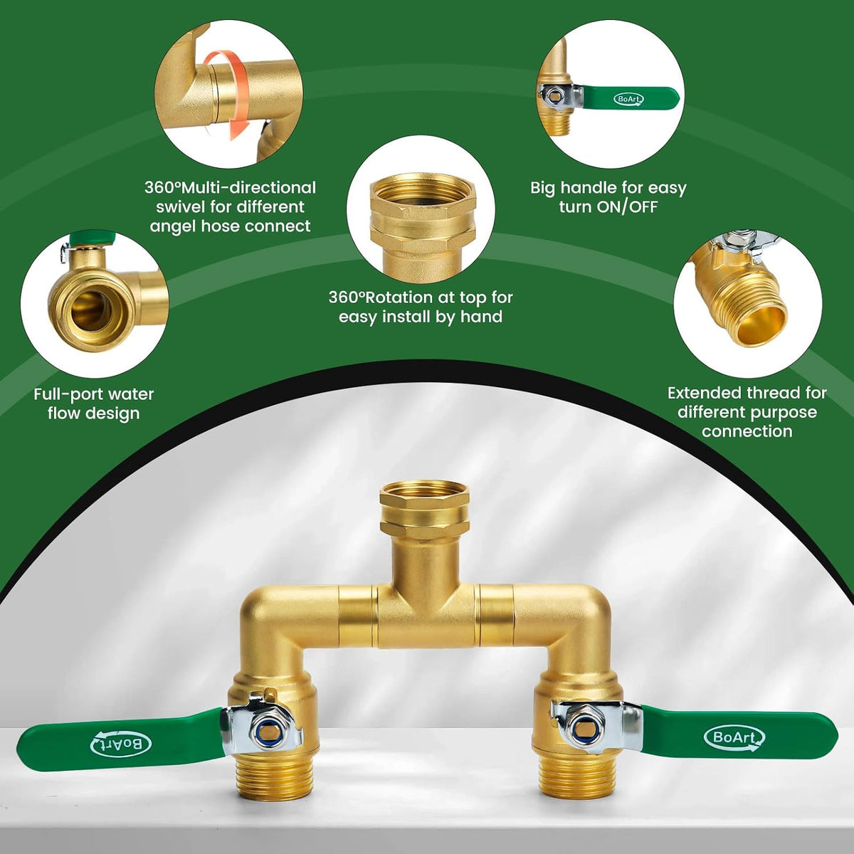 2 Way Heavy Duty Brass Garden Hose Splitter, 360° Rotatable Y Valve, Full Flow Large Ball Valve, Long Handle, Thickened Solid Brass, 3/4" GHT Thread for Outdoor Faucet, Lawn Irrigation, Car Wash