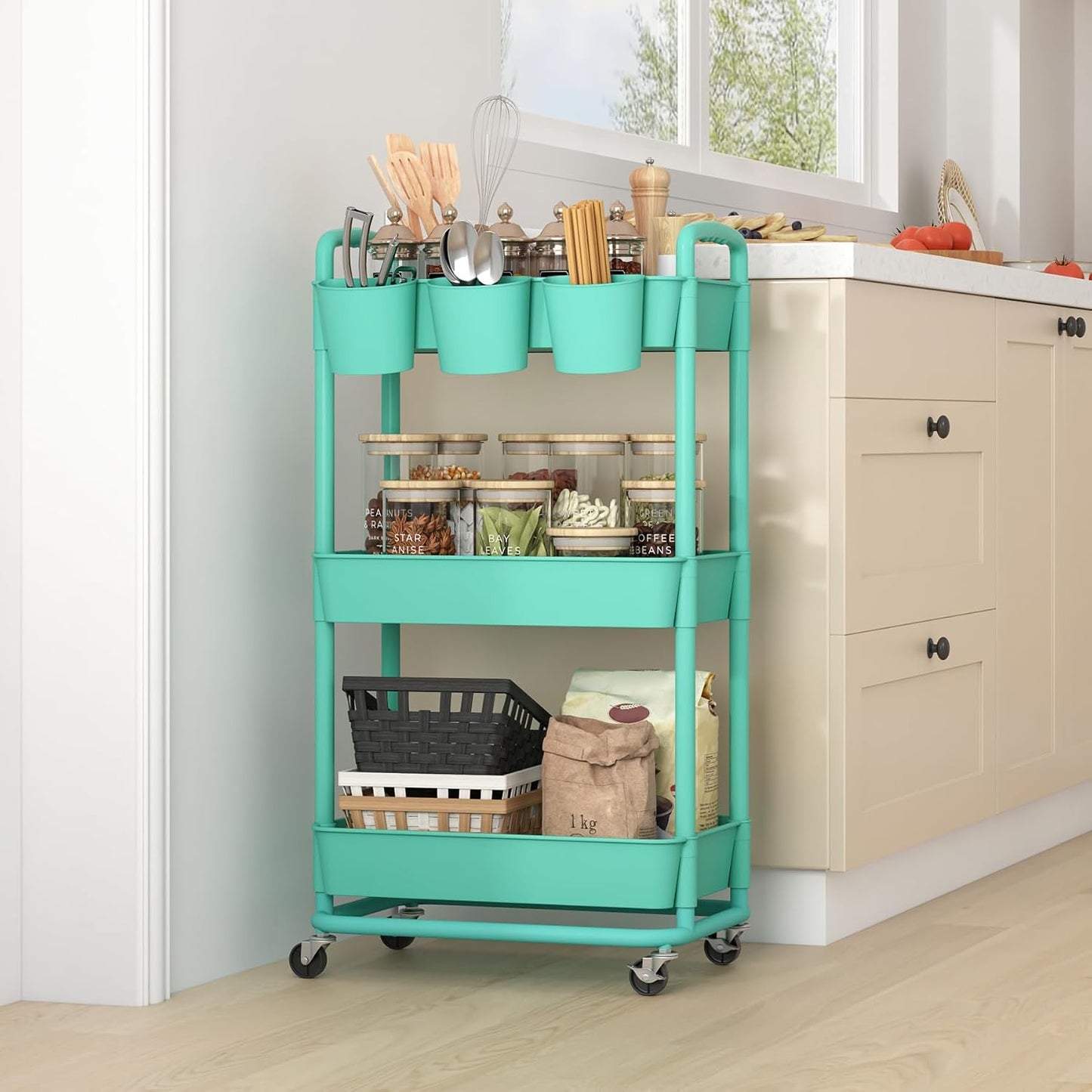 JIUYOTREE 4-Tier Plastic Rolling Storage Cart Utility Cart with Extra Hanging Cups Handles Lockable Wheels for Living Room Bathroom Kitchen Office White