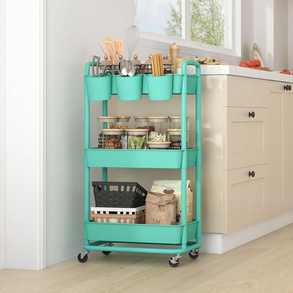 JIUYOTREE 4-Tier Plastic Rolling Storage Cart Utility Cart with Extra Hanging Cups Handles Lockable Wheels for Living Room Bathroom Kitchen Office White