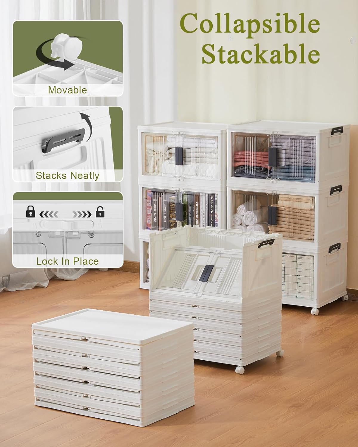 OlarHike 144QT Lockable Storage Bins with Lids - Folding Cabinet with Doors & Wheels, Collapsible Plastic Drawers for Dorm, Closets, Office, Game Day, College, Stackable Organizer, Gifts, 3 Pack