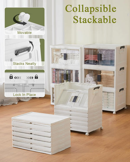 OlarHike 144QT Lockable Storage Bins with Lids - Folding Cabinet with Doors & Wheels, Collapsible Plastic Drawers for Dorm, Closets, Office, Game Day, College, Stackable Organizer, Gifts, 3 Pack