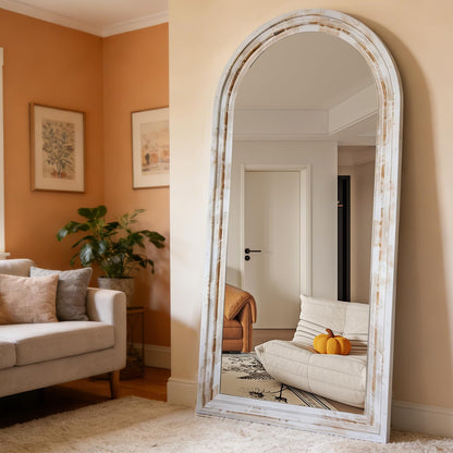 71x32 Inch Arched Full Length Mirror with Solid Wood Frame Wall Mounted Floor Mirror, Vertical Hanging Leaning Standing Mirror for Living Room, Bedroom, Entryway, Brown