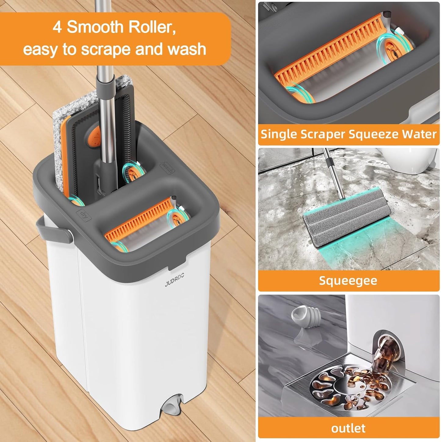 JUDRDO Mop and Bucket with Wringer Set for Home,61" Flat Mop and Bucket System for Floor Cleaning,Wet Dry Mop Window Wall Cleaner with Long Handle,Floor Mop with 4 Washable Microfiber Pads