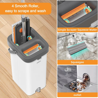 JUDRDO Mop and Bucket with Wringer Set for Home,61" Flat Mop and Bucket System for Floor Cleaning,Wet Dry Mop Window Wall Cleaner with Long Handle,Floor Mop with 4 Washable Microfiber Pads
