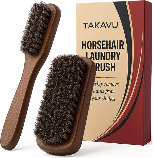 TAKAVU Laundry Brush Set, Soft Boar Bristle, Gentle on Delicate Fabrics | Stain Scrub Brush for Clothes, Upholstery, Delicate Knits, Cotton & Linen, Washable Spot & Garment Care Cleaner