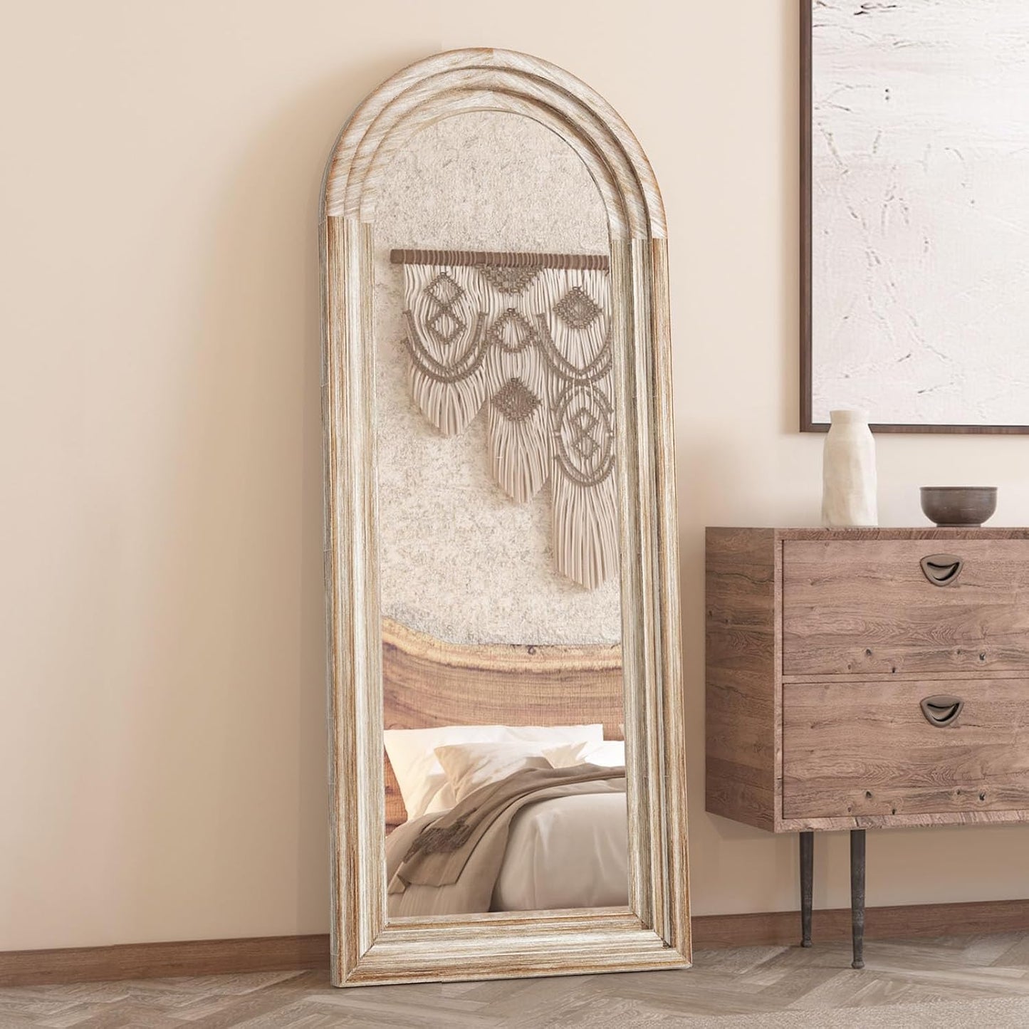 71x32 Inch Arched Full Length Mirror with Solid Wood Frame Wall Mounted Floor Mirror, Vertical Hanging Leaning Standing Mirror for Living Room, Bedroom, Entryway, Brown