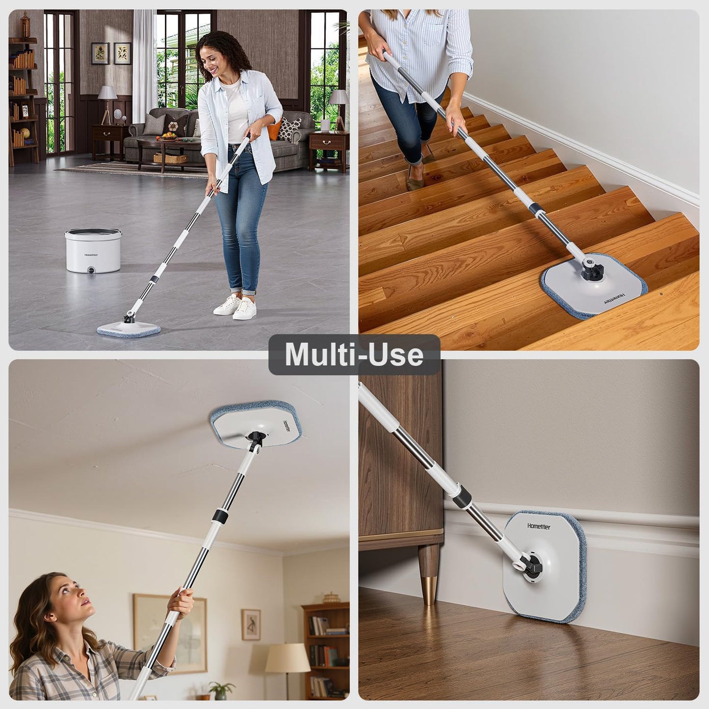 HoMettler Mop and Bucket Set, Spin Mop and Detachable Inner Mop Bucket with Separate Dirty/Clean Water System, Self-Wringing Square Mops for Floor/Wall Cleaning with 6 Microfiber Pads