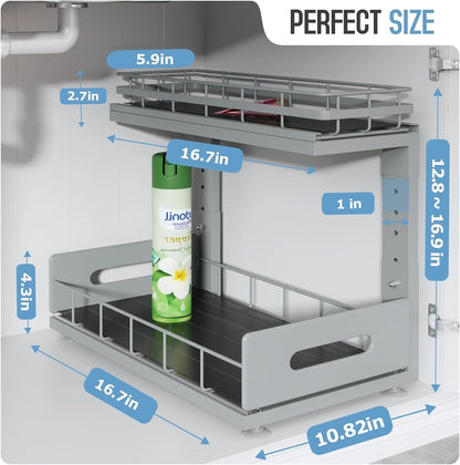 Under Sink Organizer Upgrade To Professional Rails,2-Tier Dual Pull Out Cabinet Storage,Height Adjustable Slide Out Drawers For Bathroom Kitchen,2 Pack-14.5" Dx12.8-16.9" H,White