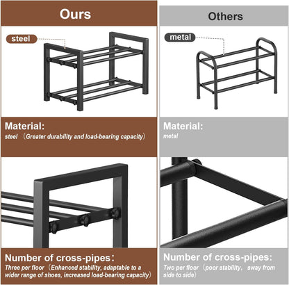 2 Tier Shoe Rack - Expandable Shoe Organizer for Closet, Adjustable Metal Shoe Shelf Storage, Stackable Long Shoe Stand Holder for Garage, Entryway, Door Entrance