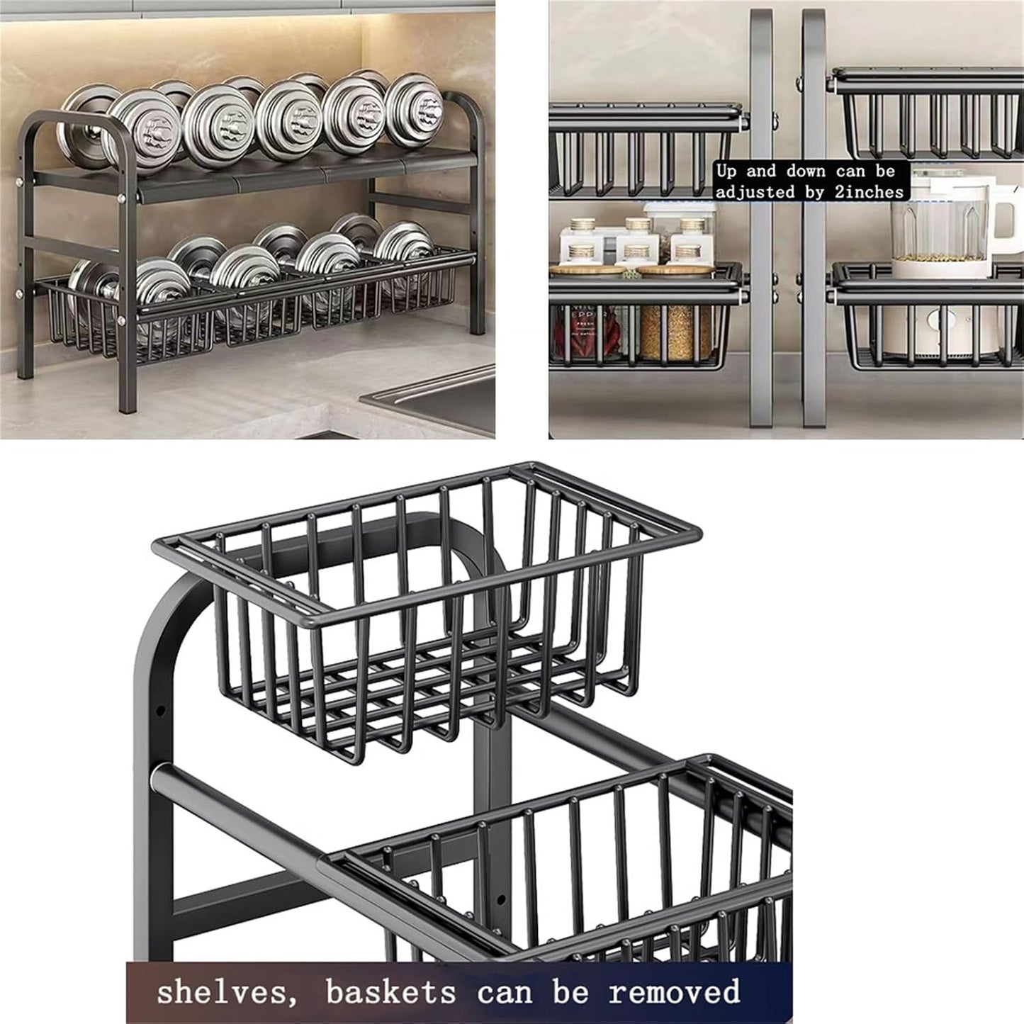 Under Sink Organizers, 2 Tier Stretchable Cabinet Shelf Organizer with 4 Removable Panels and 4 Under Shelf Basket for Under Bathroom Storage,Under Cabinet Shelves,kitchen Sink Storage Rack (black)