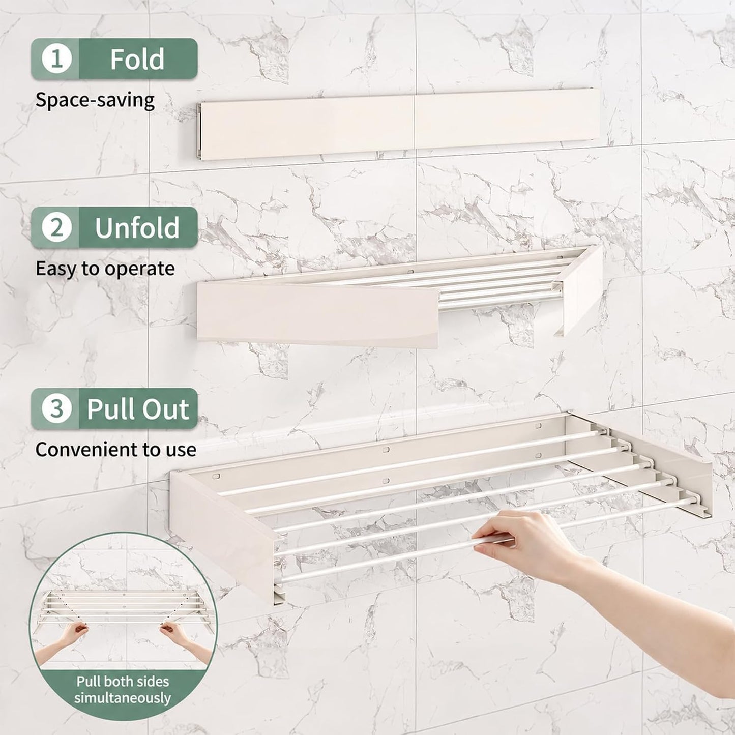 Wall Mounted Foldable Clothes Drying Rack, Collapsible Laundry Drying Clothes Rack, Space Saving Clothing & Towels Retractable Drying Rack with Wall Template Indoor & Outdoor Balcony (White,W23.6'')