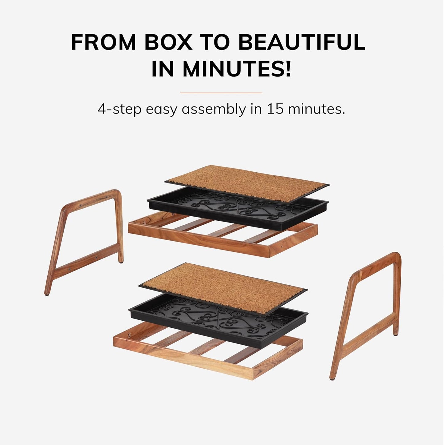 Anji Mountain Heavy Duty Waterproof Wooden Shoe Storage Mat Organizer/Boot Storage Tray Multi Use for Entryway with Coir, Tan Rectangle Embossed Insert, 1 Tier, Fits 2 Pair (26.5" Wide)