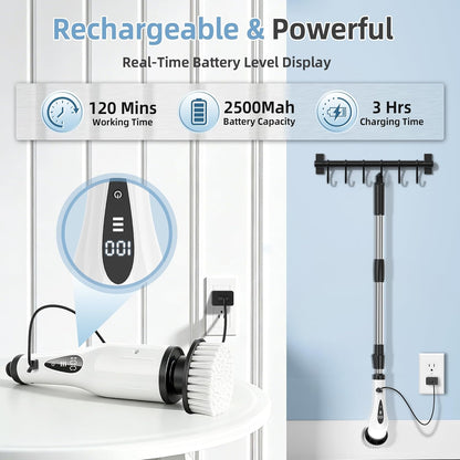 Electric Spin Scrubber, 3-Speed Flat End Brush with 8 Brush Heads & Base, Adjustable Long Handle, Digital Display, 2500mAh Fast Charging, for Bathroom, Tub, Tile, Floor（White
