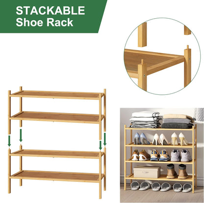 kiplant Small Shoe Rack, 4-Tier Bamboo Wood Shoe Rack for Entryway, Stackable Shoe Organizer for Hallway Closet, Free Standing Shoe Racks for Indoor & Outdoor