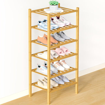 Smiry Bamboo Shoe Rack for Closet, 3 Tier Wooden Shoe Organizer, Stackable Wood Shoe Storage Shelf for Entryway, 14 Vertical Slats, One-piece Heavy-Duty Legs, 26.77"x11.02"x18.31", Natural