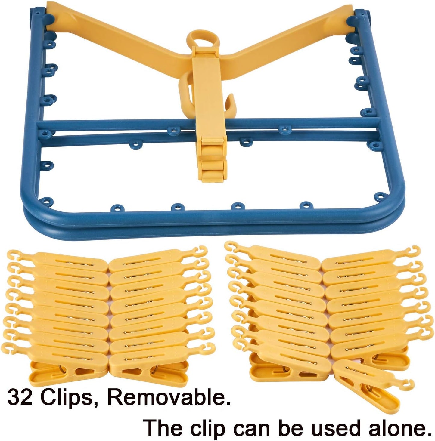 Foshine Foldable Clip Hangers Plastic Blue with 32Pcs Drying Clips | Drip Hanger Foldable Wind-Proof Hook For Underwear Socks Bras Lingerie Clothes