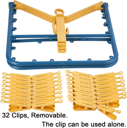 Foshine Foldable Clip Hangers Plastic Blue with 32Pcs Drying Clips | Drip Hanger Foldable Wind-Proof Hook For Underwear Socks Bras Lingerie Clothes