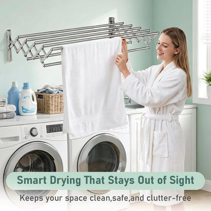 PureBox Wall Mount Drying Rack for Laundry Room, Retractable Stainless Steel Towel Bar, Collapsible Accordion Clothes Dryer, Space Saving Wall Mounted Laundry Rack for Bathroom, Balcony & RV