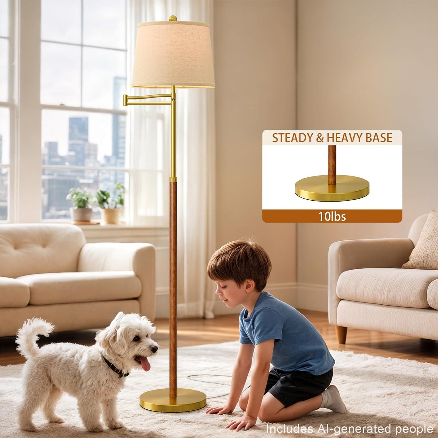 G-SAFAVA Real Wood Floor Lamps for Living Room Bedroom, 62.5" Mid Century Modern Lamp Gold Standing Tall Arc Lamps with Foot Switch, Floor Lamps for Nursery Office Decor Corner Reading Room Light