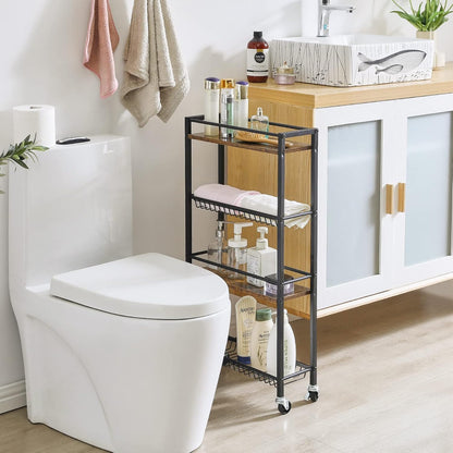 YMYNY Kitchen Storage Rolling Cart 4 Tier on Wheels Rustic Brown HBR002H | for Narrow Spaces, Laundry Room, Dining Room, Bathroom, 32.7" H Shelving Unit with Mesh Baskets