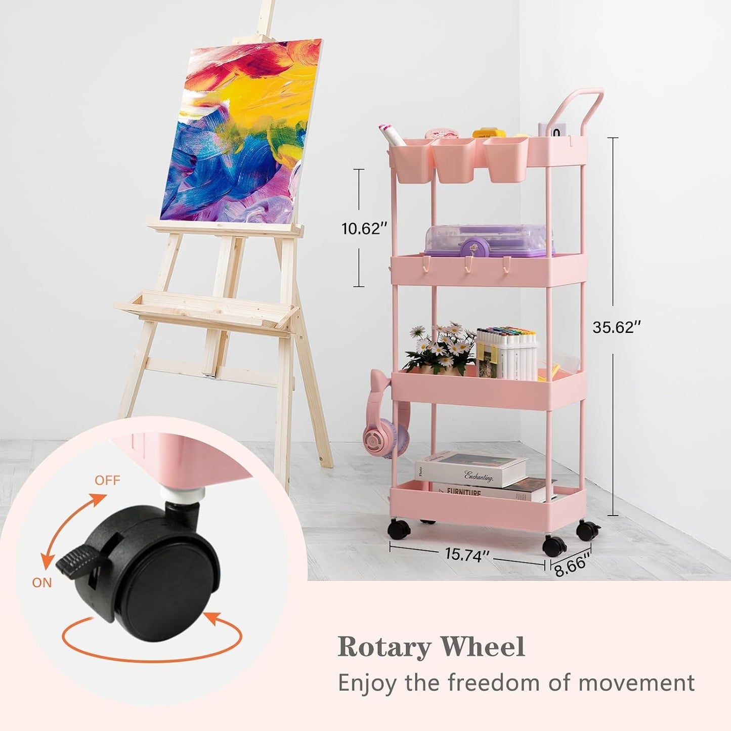 danpinera Storage Cart on Wheels, 3 Tier Slim Laundry with Wheels Bathroom Organizer with Hanging Cups Hooks Dividers Handle Mobile Rolling Art Cart for Bathroom Kitchen Narrow Places, White