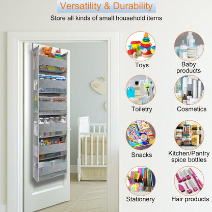 Over The Door Organizer 5-Shelves and 10 Side Pockets, Over The Door Storage for Bathroom Bedroom Nursery, Hanging Door Organizer for Baby Diapers and Kids Toys (13"x5"x44", Grey)