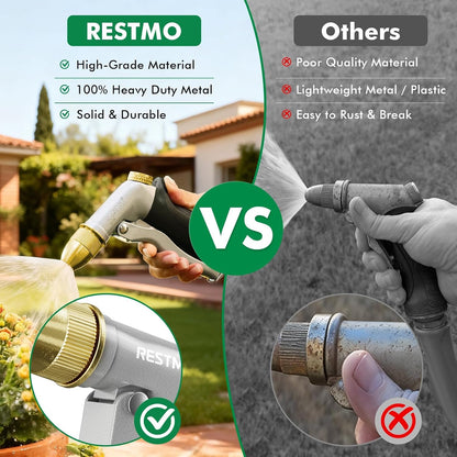 RESTMO Metal Water Hose Nozzle, Heavy Duty Garden Hose Sprayer for Outdoor | Adjustable Brass Spray Head, 4 Watering Patterns, Jet | Mist | Cone | Full, Leak-proof, Ideal for Lawn & Plant & Car, Green