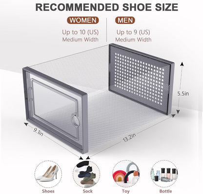 Kuject 12 Pack Large Shoe Boxes, Clear Stackable Containers with Lids,Black | Shoe organizers for closet & entryway, under-bed,Drop-front design fits women's size 10