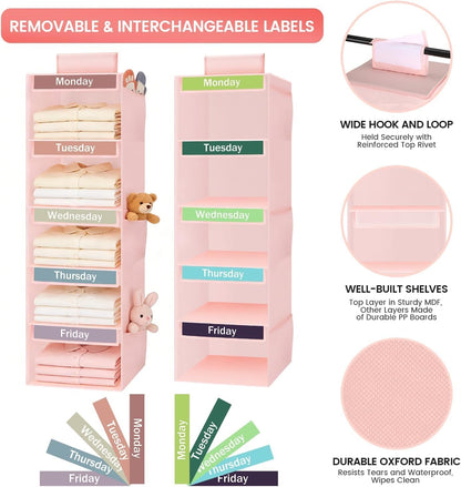 Weekly Clothes Organizer for Kids, 5-Shelf Kid Hanging Closet Organizer w/ 6 Side Pockets, Labeled Weekly Outfit Organizer for Kids, Days of The Week Clothes Organizer Monday Through Friday White
