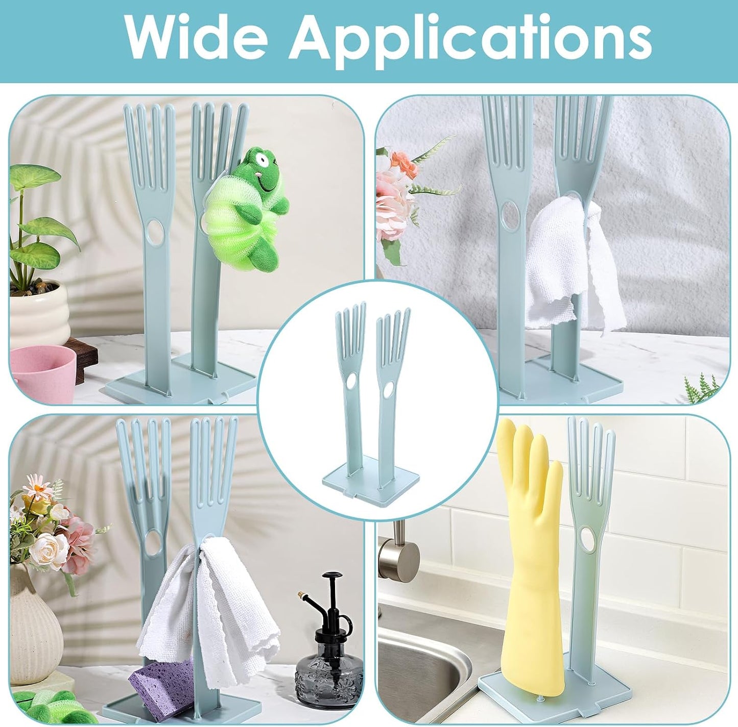 Kitchen Gloves Holder Mitten Dryer Reusable Rubber Glove Clothes Drying Rack Plastic Washing Sink Holder Stand Towel Hanger for Dish Gloves Rags Sponge Food Bag Organizer Blue