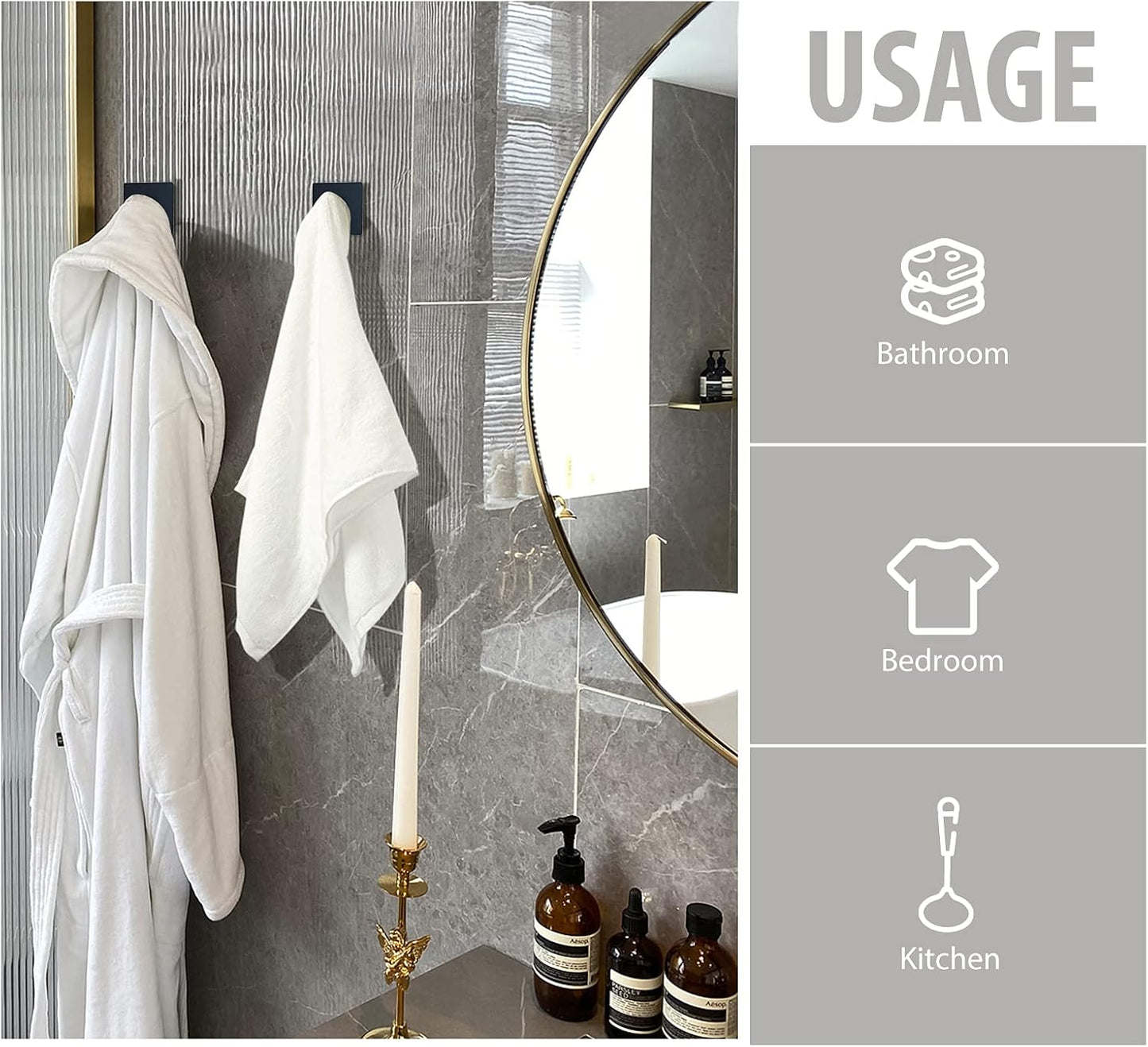 VIS'V Adhesive Towel Hooks, Waterproof Shower Wall Stick on Hooks, 2 Extra Adhesive Strips, White, 4 Pcs