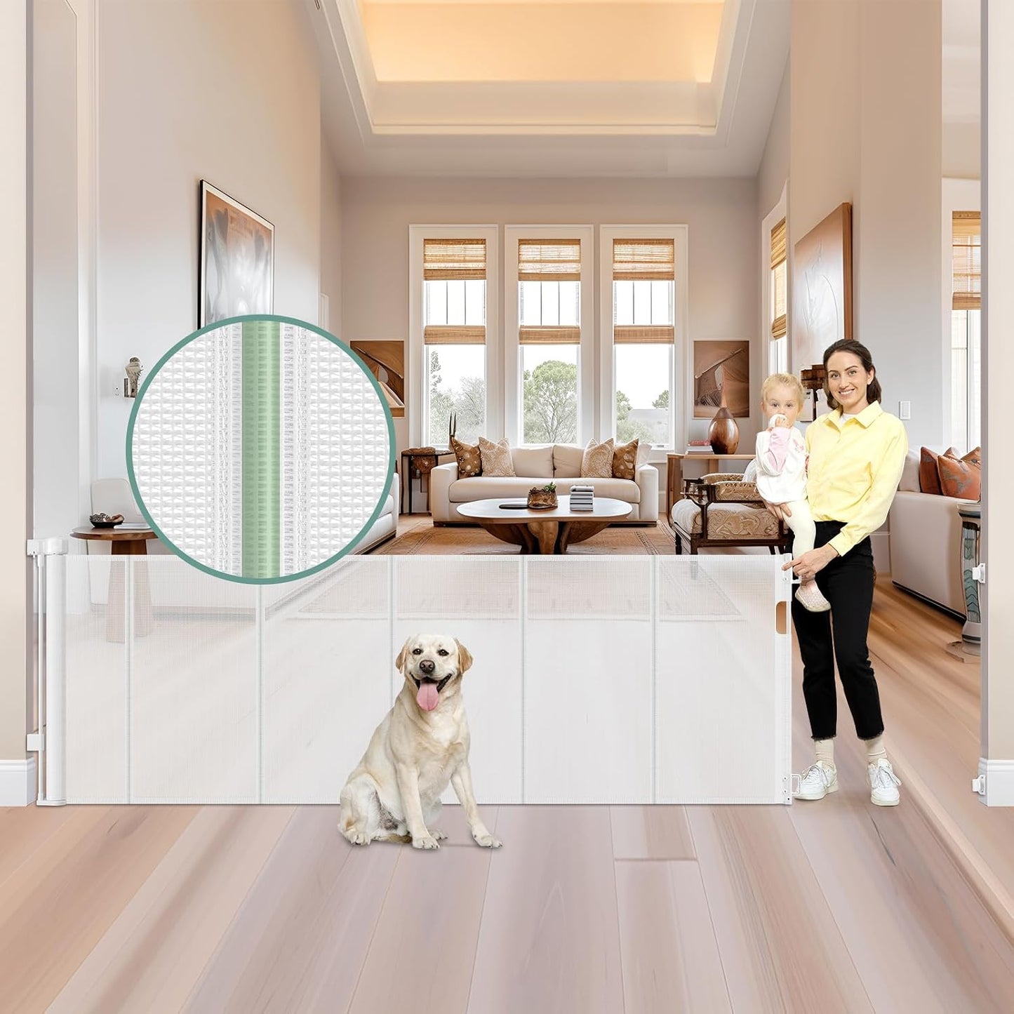 Reinforced 55" Wide Retractable Baby Gates with Reinforced Strips, Indoor/Outdoor Retractable Dog Gate for Doorway Prevent Bottom Drilling Through, No Bottom Bar Safety Mesh Baby Gate for Stair, Black