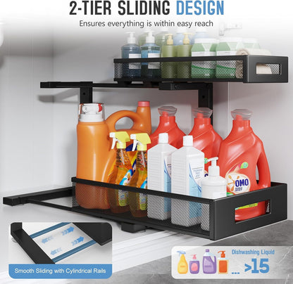 2-Pack Under Sink Storage Organizer, Large 2-Tier Elegant Mesh Pull Out Shelf for Kitchen and Bathroom Cabinet Organization, L-Shaped and Adjustable Height Design,Patent Pending-Black