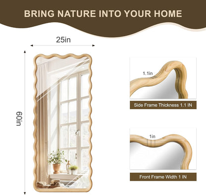 Full Length Mirror, 55"x28" Boho Wavy Wood Floor Mirror, for Bathroom, Bedroom, Living Room, Cloakroom, Entryway
