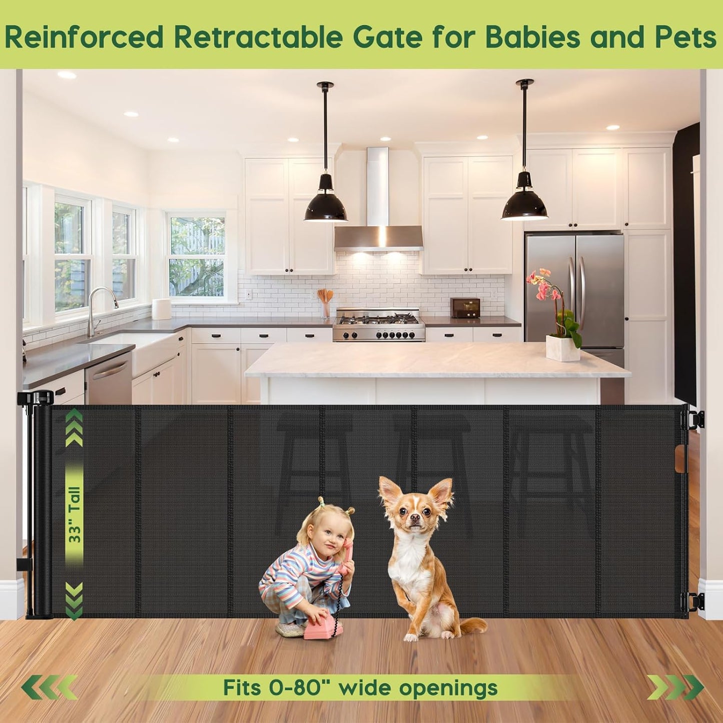 Reinforced 55" Wide Retractable Baby Gates with Reinforced Strips, Indoor/Outdoor Retractable Dog Gate for Doorway Prevent Bottom Drilling Through, No Bottom Bar Safety Mesh Baby Gate for Stair, Black