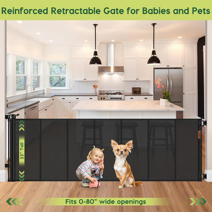 Reinforced 55" Wide Retractable Baby Gates with Reinforced Strips, Indoor/Outdoor Retractable Dog Gate for Doorway Prevent Bottom Drilling Through, No Bottom Bar Safety Mesh Baby Gate for Stair, Black