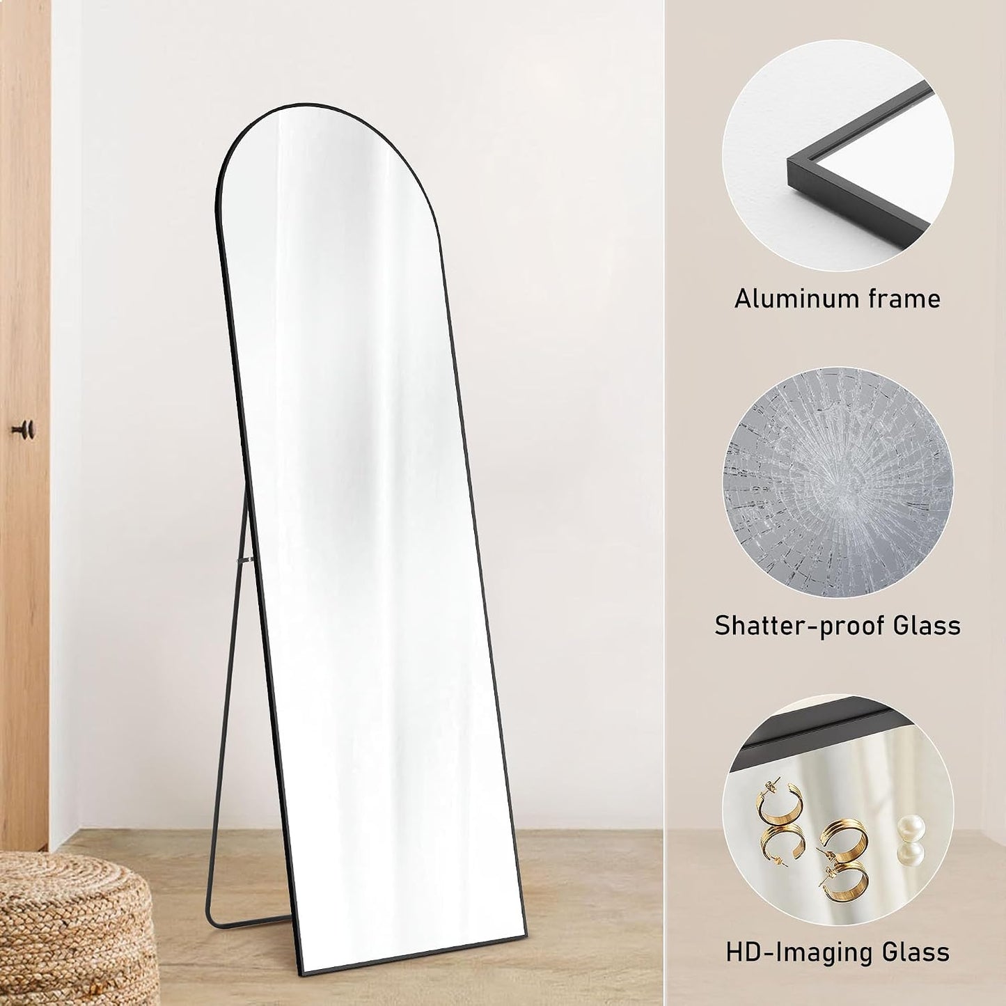 OLIXIS 64"x 21.5" Arched Mirror Full Length, Full Body Mirror with Stand, Hanging or Leaning for Wall, Floor Standing with Shatter-Proof Glass for Bedroom, Living Room, Long, Black