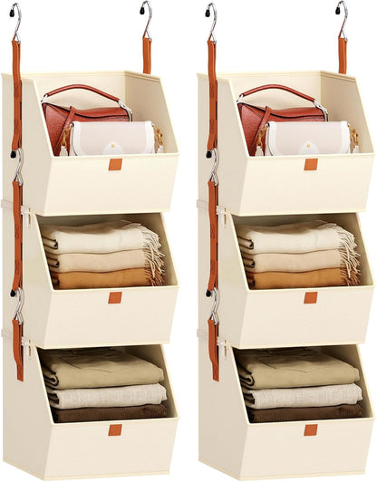 Homsorout Hanging Closet Organizer 4 Tier - Clothes Hanging Shelves, Space-Saving Closet System, Fabric Storage Bins Bedroom Organization, Collapsible Baskets for Home, Dorm, Rv, Beige