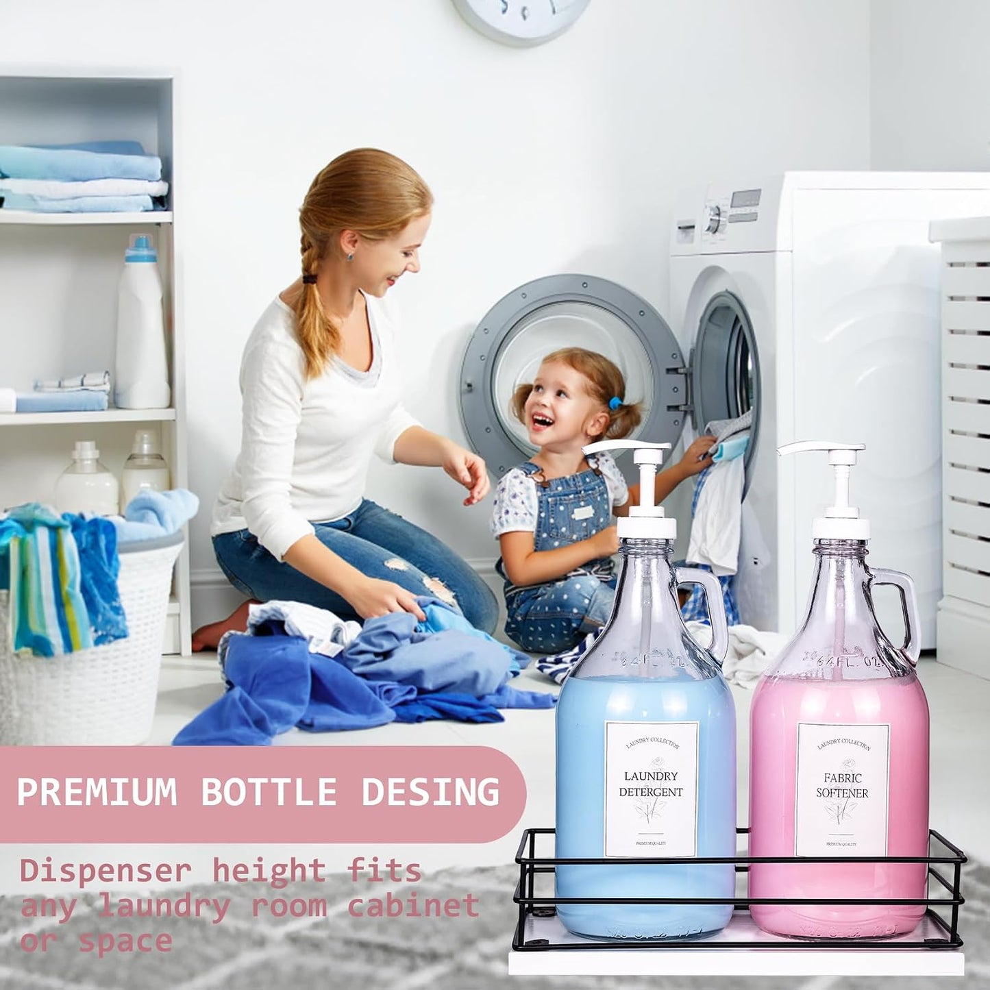 Glass Laundry Detergent Dispenser,1 Gallon Large Liquid Soap 2 Pack(Gold) | Complete borosilicate jars set with leakproof spigots, protective silicone mats, minimalist labels, and dosing cups